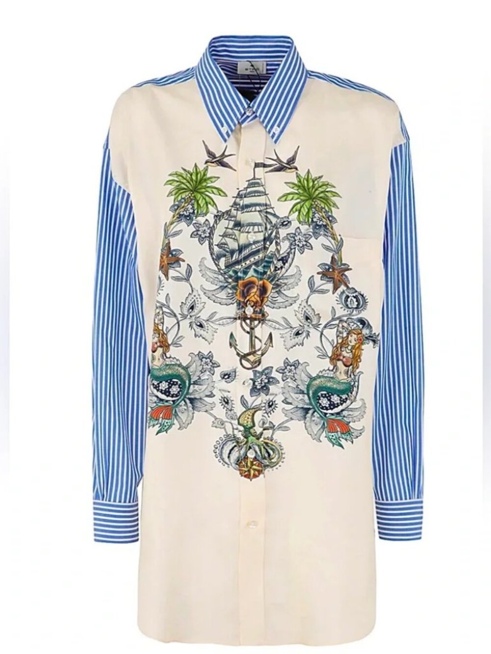 Etro Nautical-Print Silk Inset Striped Oversized Shirt Size M